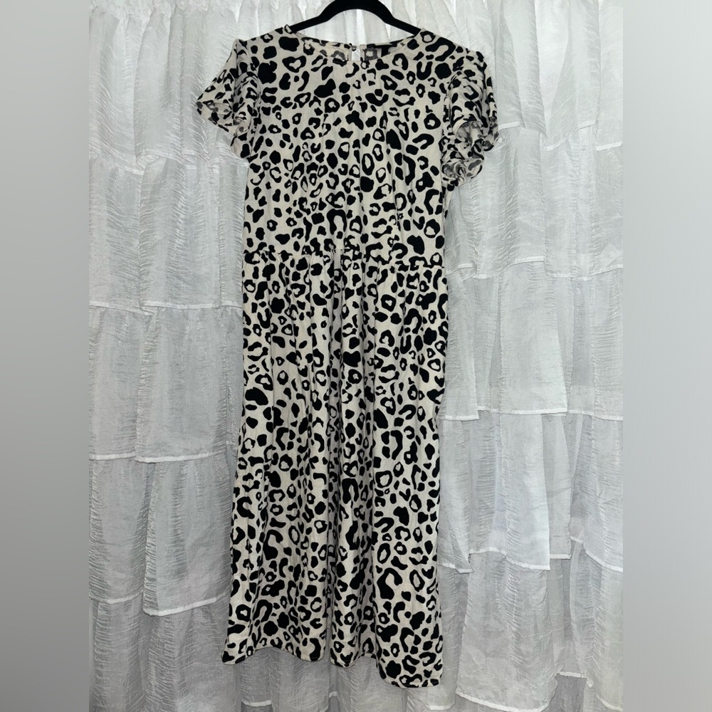 Who What Wear Flutter Sleeve Linen Blend Leopard Print Dress Size Medium
